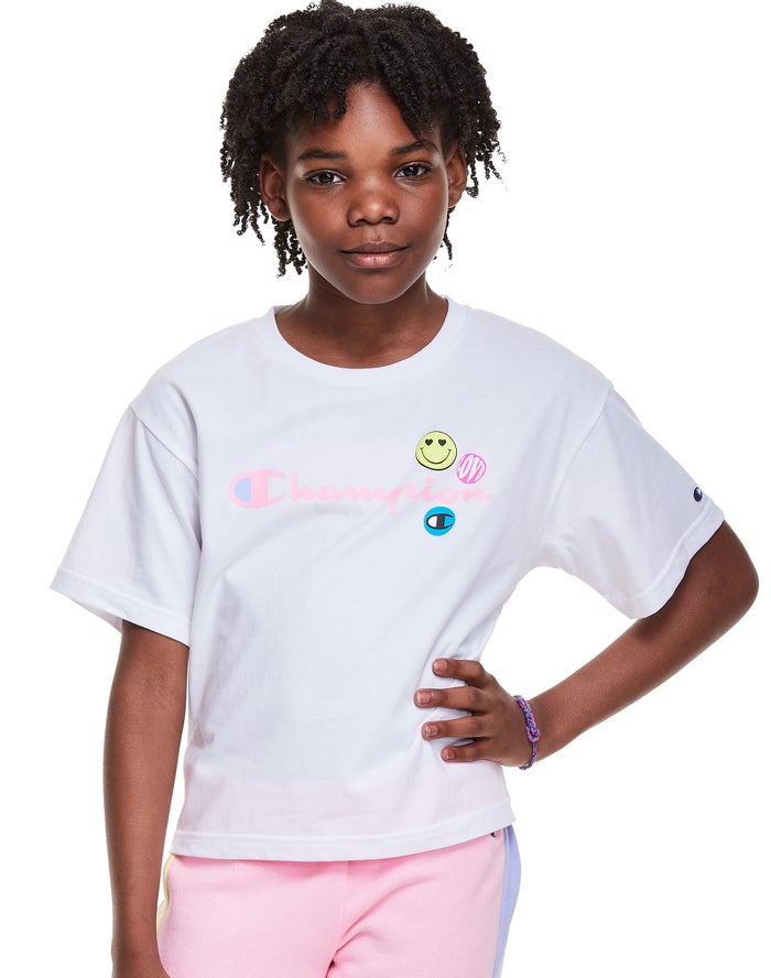 Champion Girls T-Shirt NZ - Boxy Smiley Face White ( 4708-QKOVA )